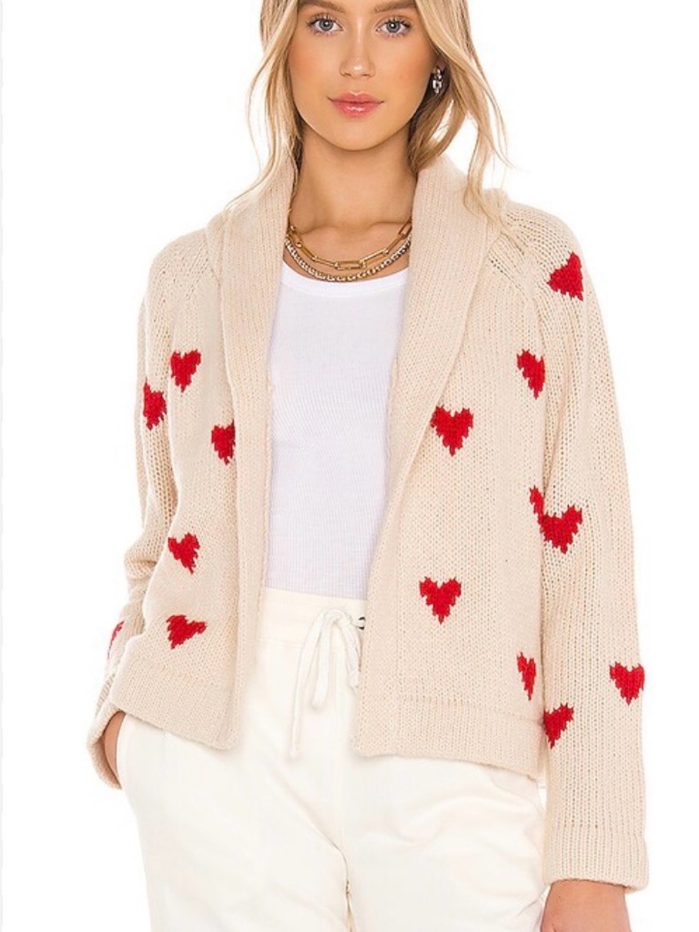 THE GREAT heart Lodge Cardigan Sweater in Ivory Heart-Print, size M/L